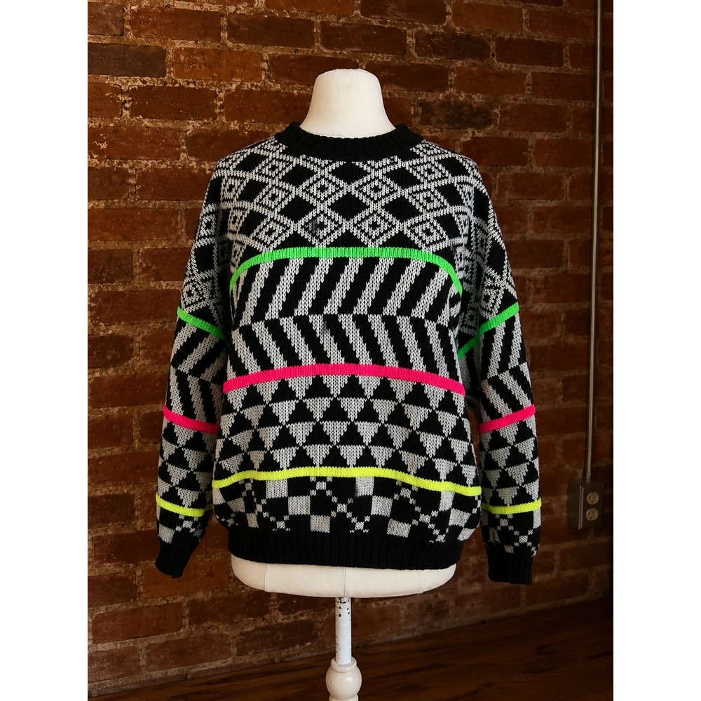 Vintage 80s Neon Geometric Fair Isle Knit Sweater Funky Retro Pullover Electric